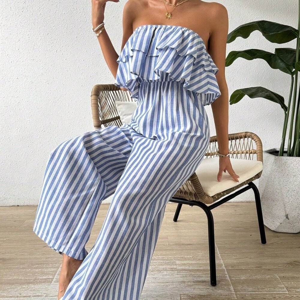 Blue and White Boho Women's Striped Strapless Wide Leg Jumpsuit With Ruffled - Picture 4 of 8